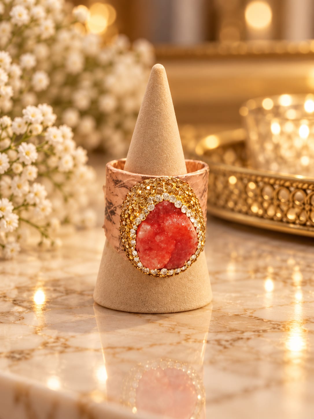 Anillo de drusa cuarzo teñida rosa adaptable
