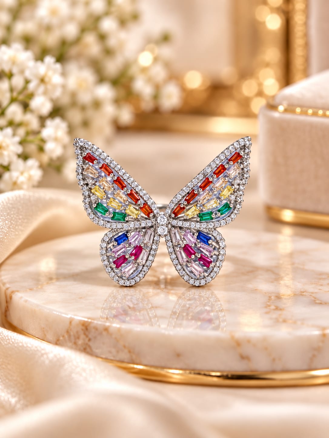 Anillo Mariposa con circonita y baño de rodio plateada N.16