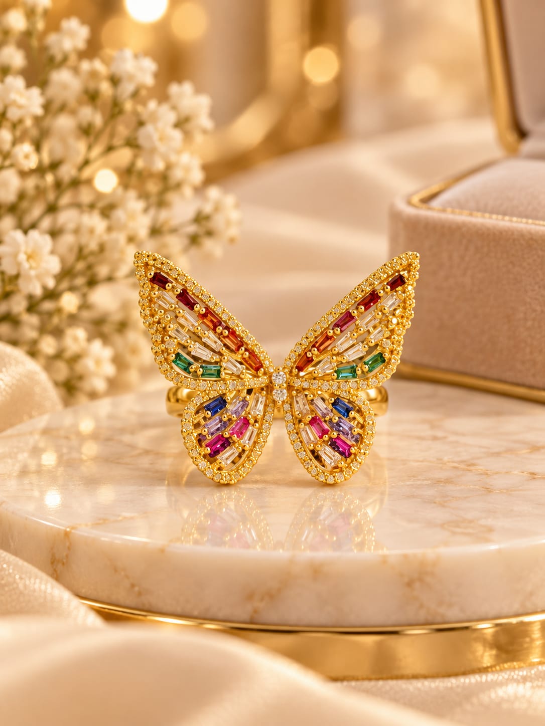 Anillo Mariposa con circonita y baño de rodio dorada N.16