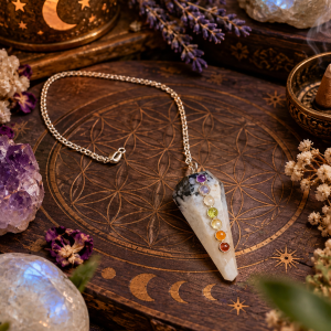 Péndulo de Piedra Luna con Chakras y Baño de Plata