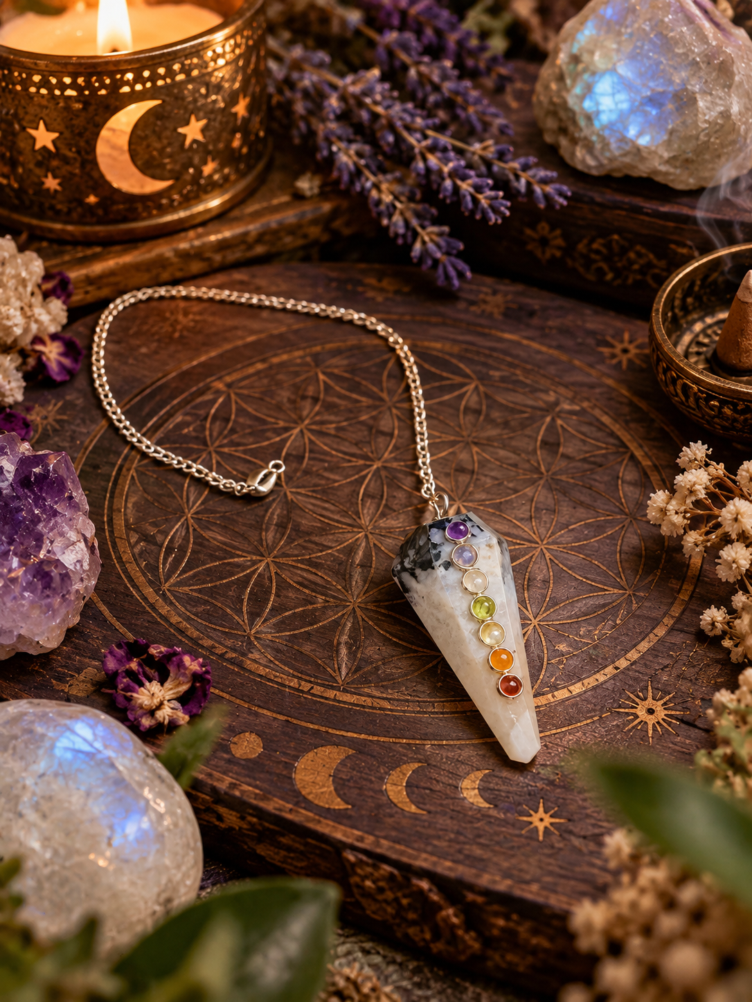 Péndulo de Piedra Luna con Chakras y Baño de Plata