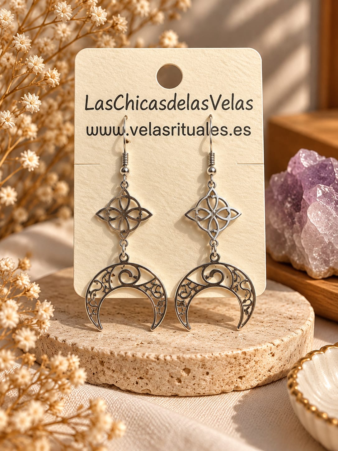 Pendientes de Nudo de Bruja y Luna plateado